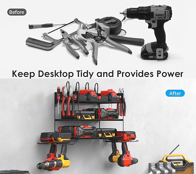 CCCEI Garage Tools Storage with Charging Station. Power Tool Battery Organizer Utility Shelf with Power Strip. 4 Drills Holder Wall Mount Rack, Black 3 Layer.-NeatNest