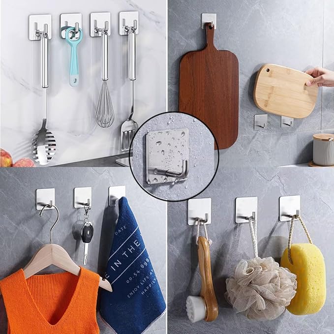 Adhesive Towel Hooks, 8 Pack Self Adhesive Coat Sticky Hooks for Hanging, Stainless Steel Stick on Wall Hat Hook, Bathrooms Kitchen Livingroom Garage, Silver