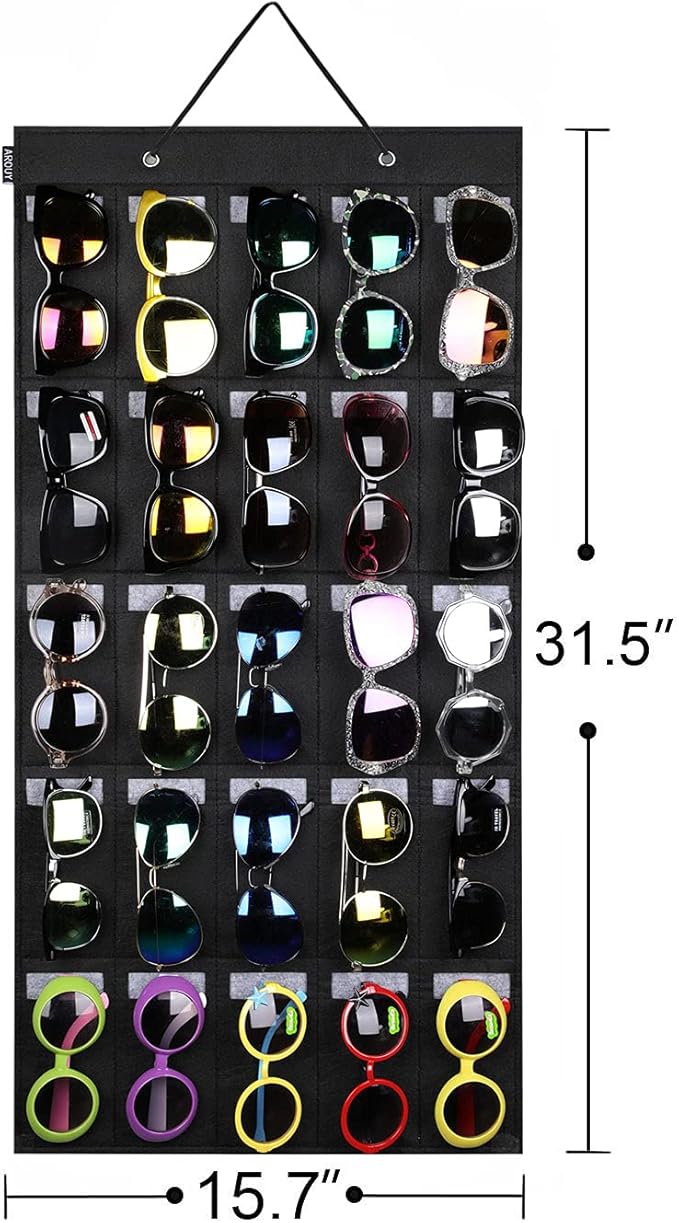 AROUY Sunglasses Organizer Storage, Hanging Wall Pocket Glasses Organizer - 25 Felt Slots Sunglass Organizer Holder Eyeglass Display with Sturdy Rope (Black, Large)-NeatNest
