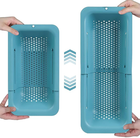 BLUE GINKGO Over the Sink Colander Strainer Basket - Wash Vegetables and Fruits, Drain Cooked Pasta and Dry Dishes - Extendable - New Home Kitchen Essentials (7.9 W x 14.5-19.5 L x 2.75 H) - Teal-NeatNest