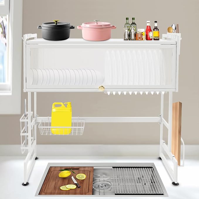 Over The Sink Dish Drying Rack, Dish Drainer Rack with Flip-up Door Kitchen Storage Organization for Dishes Bowls Cutlery 29.53inch