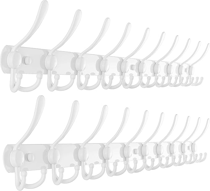 Dseap Coat Rack Wall Mount - 38” Long 10-Tri-Hooks Heavy Duty Coat Hanger Rail Wall Hooks for Hanging Coats Hats Clothing Clothes Purse Mudroom Entryway, White, Pack of 2-NeatNest