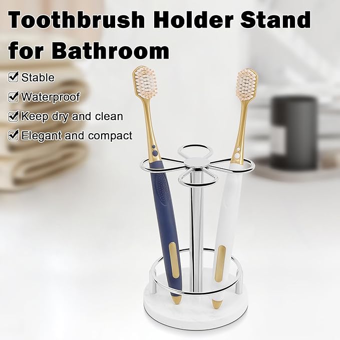 HarJue Toothbrush Holder Stand for Bathroom, Metal Toothbrush Organizer with Marble Base, Toothbrush Storage Collection for Family, Suitable for Home Hotel Countertop Vanity (Small, Chrome Finish)