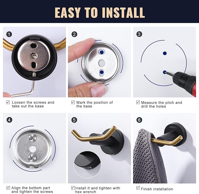 ARCORA Towel Hooks Black and Gold, SUS 304 Stainless Steel Wall Hooks, Heavy Duty Robe Hooks 1 Pack, Bathroom Towel Hooks for Wall