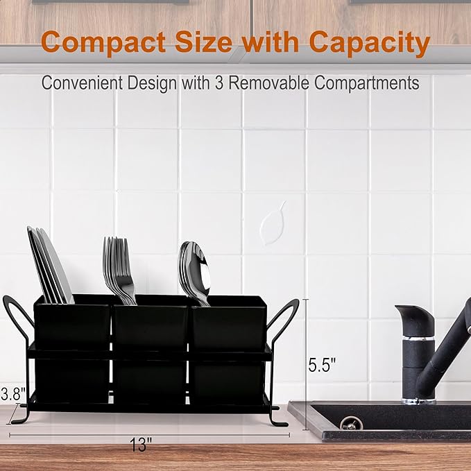 Cutlery Holder with Drain Holes, Silverware Caddy for Party Countertop, 3pcs Bins Set Utensil Holders for Spoon and Fork, Black-NeatNest