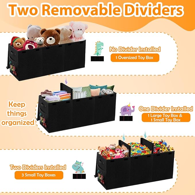 Extra Large Toy Storage Box with Lid Divider, Sturdy Collapsible Toys Organizer Chest Kids Storage Bins Boxes Baskets for Boys, Girls, Nursery, Bedroom, Living Room, Playroom, 40"x14"x16", Black