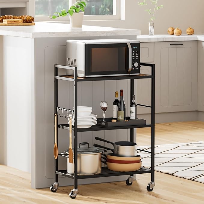 3-Tier Metal Storage Rack with Industrial Wheels,Mesh Shelving Unit with Wooden Table top,Adjustable Shelf,23.6-Inch Width,for Kitchen,Laundry,Pantry,Plant,Black