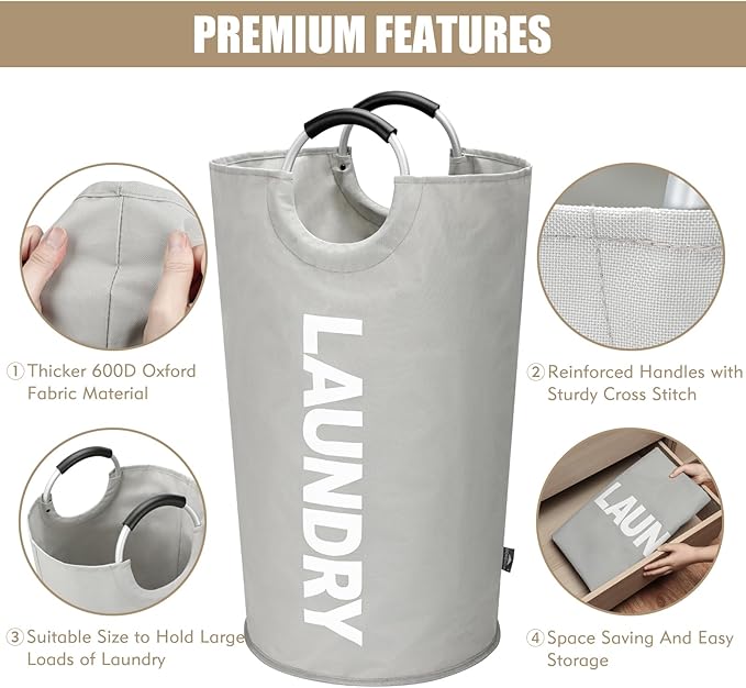 DOKEHOM 90L Large Laundry Basket, Collapsible Laundry Bag, Freestanding Tall Clothes Hamper, Foldable Washing Bin (Grey)-NeatNest