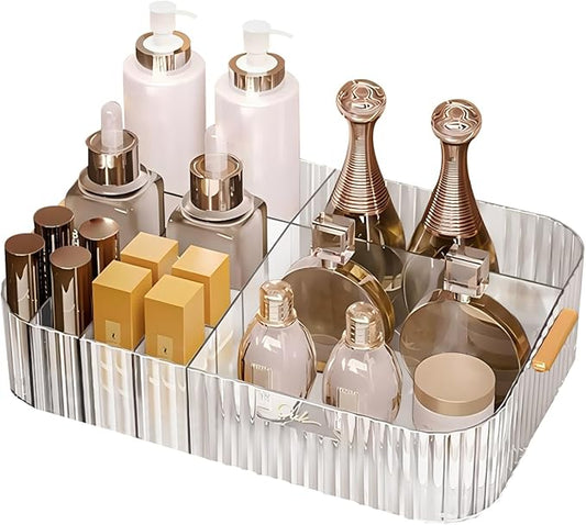 DASITON Large Capacity Makeup Organizer,12 Slots Makeup Brush Holder,Makeup Storage with Handle,Vintage Striped Cosmetic Organizer for Bathroom Countertops,Desk Storage Container(Clear)-NeatNest