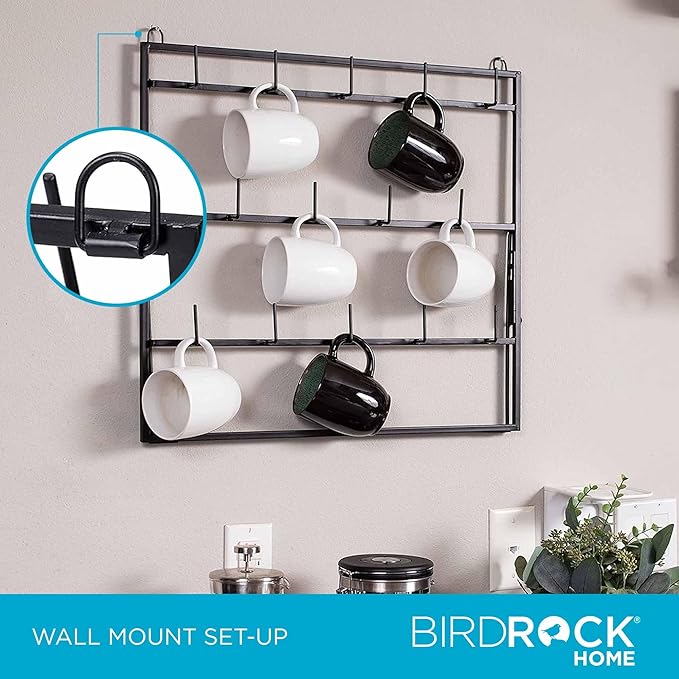 BIRDROCK HOME 14-Hook Mug Rack - Free Standing or Wall Mountable - Coffee Tea Cup Glass Storage Holder - Coffee Bar Display Décor - Decorative Kitchen Organizer - Flat Black Metal Steel-NeatNest