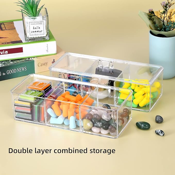 dedoot 3 Compartment Organizer 2 Layers,Plastic Drawer Clear Acrylic Vanity Desk Storage and Organizer, Bathroom Display Storage Container with Lid for Jewelry, Small Items 9.17x3.7X5.82 Inch-NeatNest