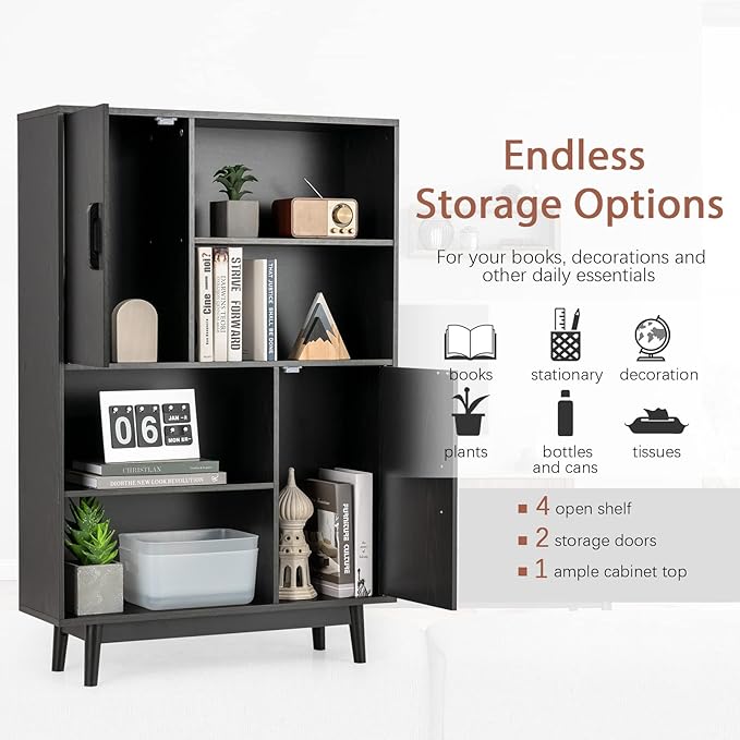 Giantex Storage Cabinet with Legs, Floor Cabinet with Doors, Shelves, Anti-Tipping Device, 4-Tier Bookshelf for Books & Photos, Tall Cupboard in Living Room, Kitchen Buffet Sideboard (Black)