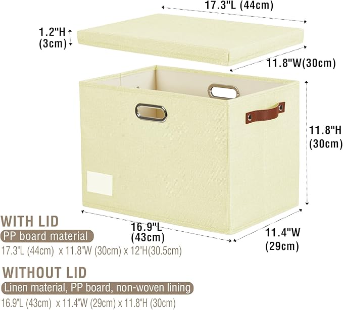 17" Large Collapsible Storage Bins with Lids, Stackable Closet Organizers with PU Handle and Labels, 3-Pack Decorative Fabric Storage Boxes for Home, Bedroom, Closet, Office, Nursery(Beige)-NeatNest