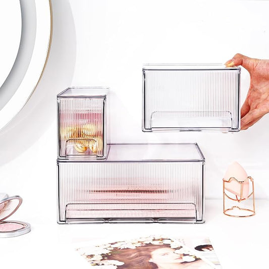 Clear Stackable Makeup Organizer, 3 Pack Plastic Drawer Storage with Handle for Vanity Bathroom Countertop, Transparent-NeatNest