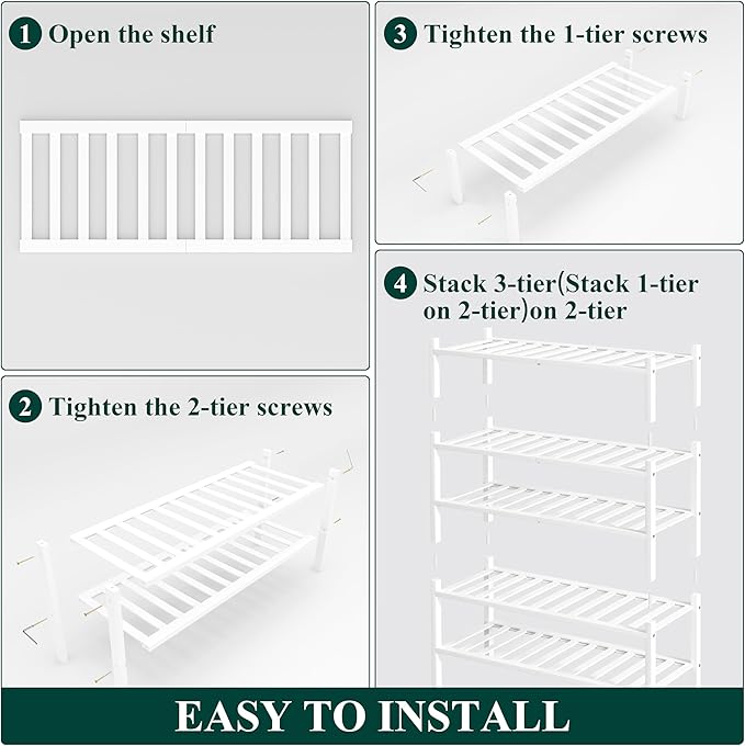 Smiry Shoe Rack, 5 Tier Thick Bamboo Shoe Organizer, Stackable Free Standing Wooden Shoe Storage Shelf for Closet, Entryway, Front Door Entrance, White-NeatNest