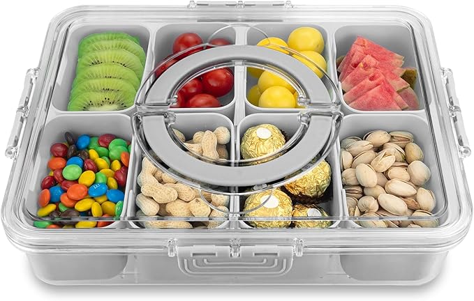Divided Serving Tray with Lid and Handle,8 Compartments Snacks Box,Snack Fruit and Veggie Tray,Portable Platter for Candy Fruits Nuts Snack Party Entertaining Picnic (1 PCS Grey)-NeatNest