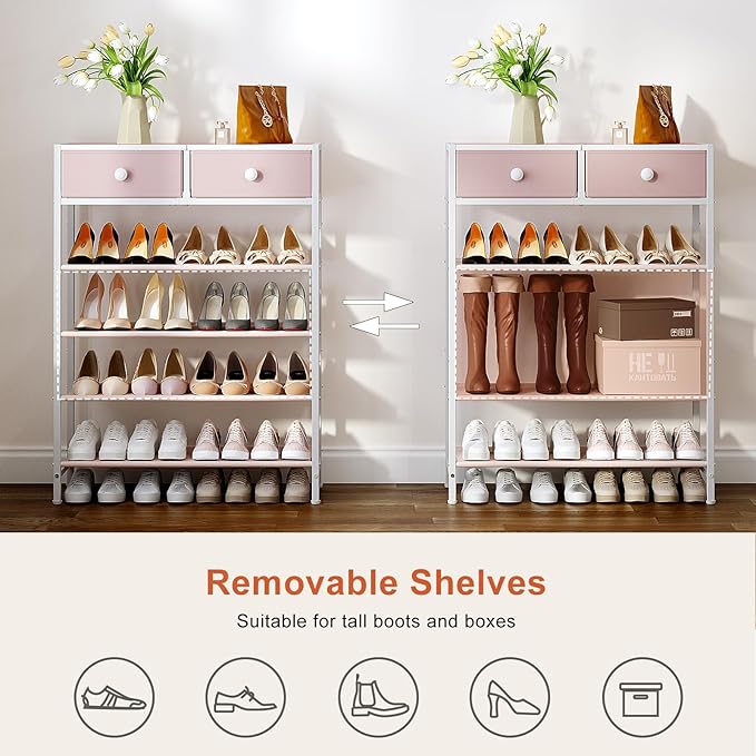 Shoe Rack, 5 Tier Shoe Organizer with 2 Drawers, Metal Shoe Storage for 16-20 Pairs of Shoes with Fabric Shelves and Wooden Top, Narrow Shoe Shelf for Closet Entryway Pink-NeatNest