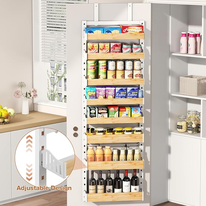 8-Tier Over The Door Pantry Organizer, Heavy-Duty Metal Wall Mount or Hanging Spice Rack, behind the door storage Shelves with Adjustable Basket, Back of Door Organizer for Kitchen Cabinet and Closet