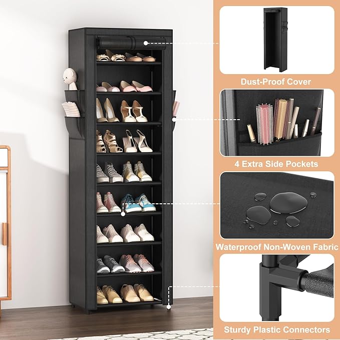 Shoe Rack with Cover Narrow Shoe Organizer with 4 Side Pockets 10 Tier Tall Shoe Storage Holds 18-22 Pairs Shoes and Boots Shoe Rack for Closet Entryway Garage-NeatNest