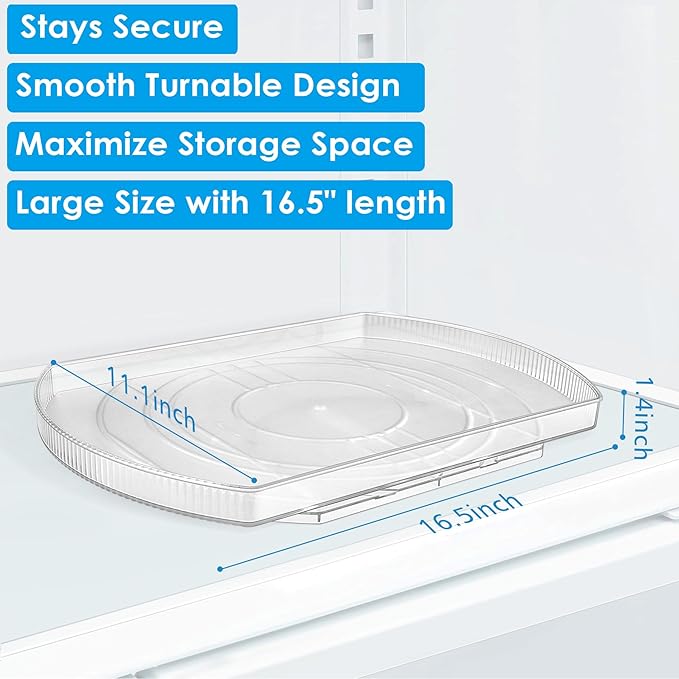 FIRJOY Lazy Susan Turntable for Refrigerator, Square Turntable Organizer for Fridge Cabinet, Pantry, Countertop | 16.5" x 11.1" (Rectangle 1 Pack - Clear)