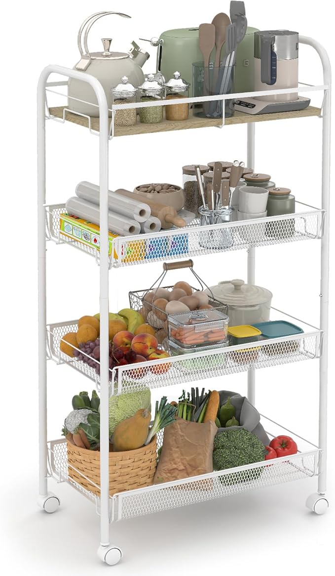 Sekey 4 Tier Rolling Cart Metal, Snap-Together Utility Cart on Wheels, Heavy Duty Storage Cart with Universal Wheels for Baby Nursery, Bathroom, Kitchen, Laundry Room, White