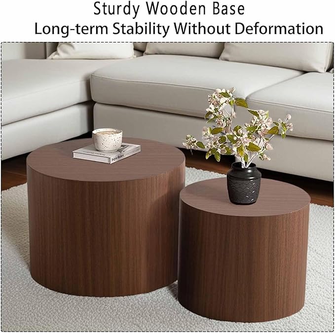 Modern Round Nesting Coffee Table Set of 2, Vertical Stripe Design Drum Coffee Table Cocktail Table, Round Side Table for Living Room, Bedroom, Office, Balcony (G14.6+18.1")