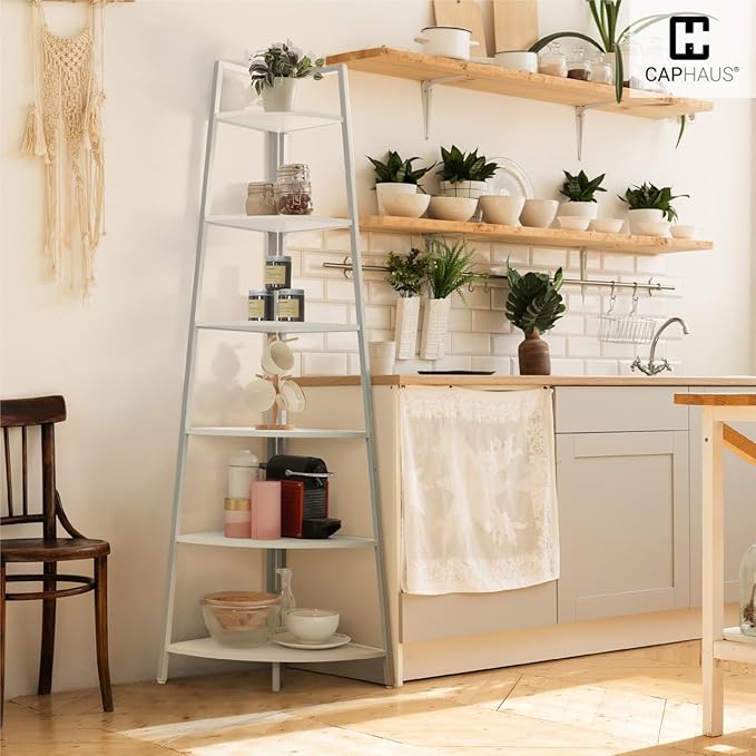 CAPHAUS Tall Corner Shelf Stand, 6-Tier Display Shelves, Ladder Corner Wood Storage Plant Bookshelf with Metal Frame, Versatile Shelving Unit Bookcase for Home Office Space, White-NeatNest