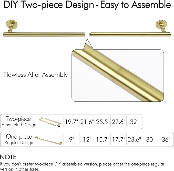 KES 25.2 Inches Towel Bar for Bathroom, Hand Towel Holder, Towel Bar Wall Mount, SUS304 Stainless Steel Brushed Gold, Total Length 27.6 Inch, A2000S70B-BZ