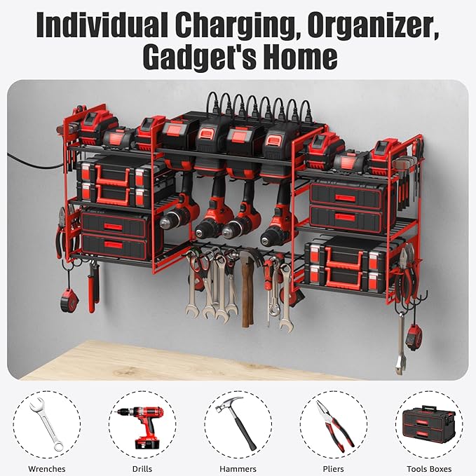 CCCEI Red Power Tool Organizer Wall Mount, Large Tools and Battery Storage Rack Charging Station Individual Switches. Drills Holder, Garage Utility Shelves with 6FT Power Strip. Gift for Men.-NeatNest