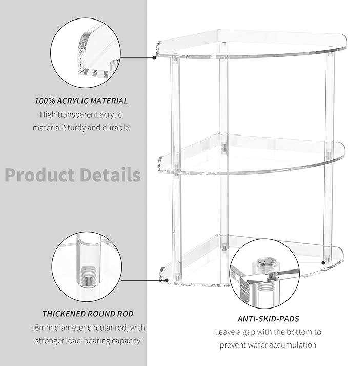 3 Tier Acrylic Corner Shelf Organizer Storage 9.5x9.5x15.7 Inch, Transparent Countertop Corner Shelf for Bathroom, Kitchen, Bedroom, Office, Study Room-NeatNest