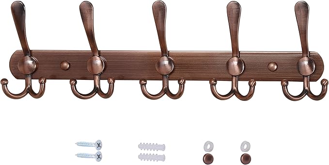 Dseap Wall Mounted Coat Rack - 5 Tri Hooks, Heavy Duty, Stainless Steel, Metal Coat Hook Rail for Coat Hat Towel Purse Robes Mudroom Bathroom Entryway,Antique Copper-NeatNest