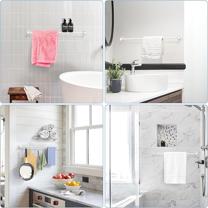 Adjustable Single Bath Towel Bar 16 to 27.6 Inch, ZUEXT Oil Rubbed White Stainless Steel Towel Holder Hanger,Expandable Wall Mount Towel Rail for Bathroom Kitchen,1" Tube Towel Rail Racks w/Hooks