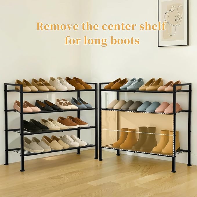 Simple 4 Tier Shoe Rack,Metal Stackable Shoe Storage Organizer for Closet,Entryway, Bedroom, Black (Black, 4-Tier)-NeatNest