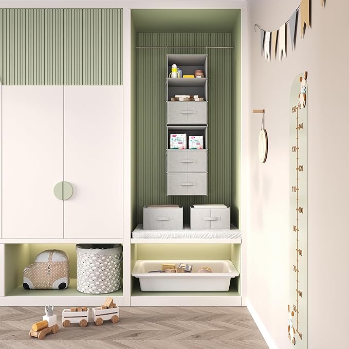 Vailando 6-Shelf Hanging Closet Organizer, 2 Separable 3-Shelf Hanging Shelves with 3 Drawers for Wardrobe, Nursery, Baby Clothes Organization and Storage-NeatNest
