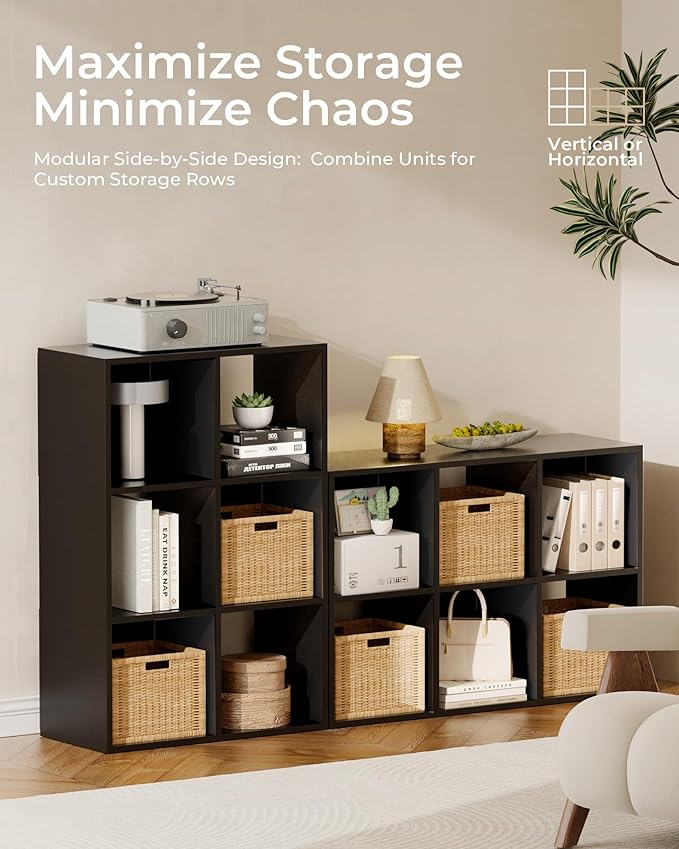 GTPLAYER 6-Cube Storage Organizer, Fits 11" Bins, Vertical or Horizontal Use, Opening Bookshelf, Partial Back Panels, Stackable Design Bookcase, for Closet, Bedroom, Home Office, Black