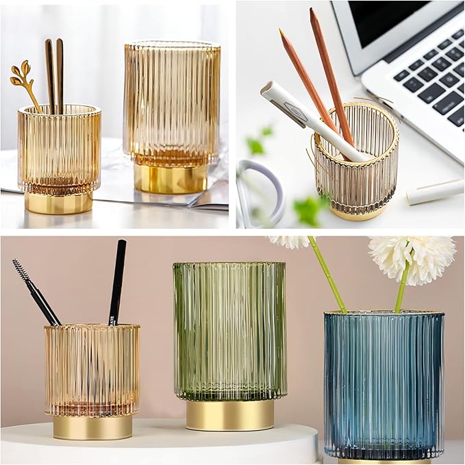 DASITON Makeup Brush holder Organizer,Crystal Cosmetic Makeup Brush Glass Brushes Storage Holder, Vintage Make Up Brush Cup Pen Pencil Holder striped vase(Coffee L)-NeatNest