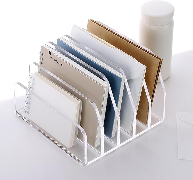 SANRUI Acrylic Desk File Organizer Holder for Desk, Clear Laddered 5 Upright Compartments Mail Sorters, Multifunction Desktop Envelope Folder Racks Document Holders for Office, Home, School-NeatNest