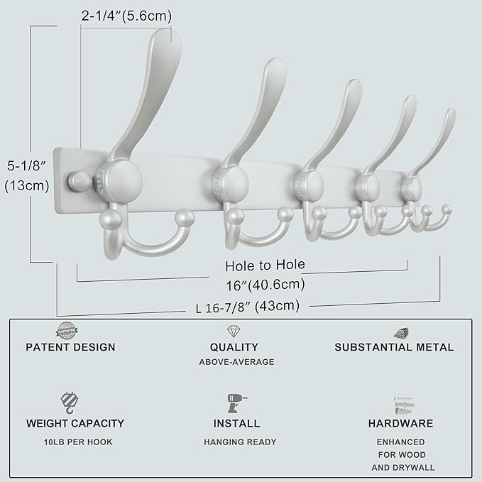 Dseap Coat Rack Wall Mount 2.0 Pro: Heavy Duty 300% Thicker, 16" Stud Mount, Stainless Steel Wall Coat Hooks Hanger for Clothes Jackets Hats Entryway Closet, MaxStrong Series, Silver, Pack of 2