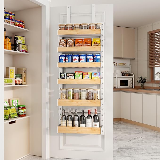 6-Tier Over The Door Pantry Organizer, Heavy-Duty Metal Wall Mount or Hanging Spice Rack, behind the door storage Shelves with Adjustable Basket, Back of Door Organizer for Kitchen Cabinet and Closet