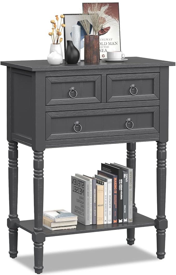 Giantex Console Table with 3 Drawers, 24" Rustic Entryway Table with Storage, Open Bottom Shelf, Compact Hallway Table, Small Sofa Side Table for Living Room, Bedroom, Narrow Entry Table, Gray-NeatNest