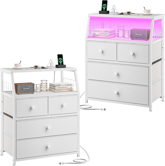 EnHomee Nightstand Set of 2, Night Stand with Charging Station & LED Lights, Bedside Table with 4 Fabric Drawers for Bedroom, Side Table with Outlets and 2 Ports, White