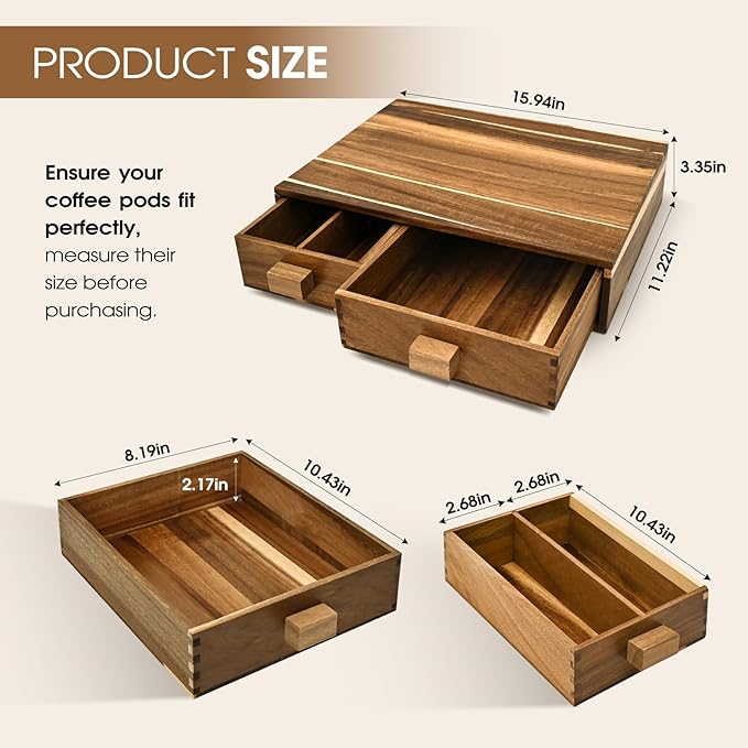 Acacia Wood K Cup Holder,Coffee Pods and Tea Bag Storage Organizer,with Two Drawers Kcup Holders for Counter,Multi-Functional Coffee Maker Stand-NeatNest