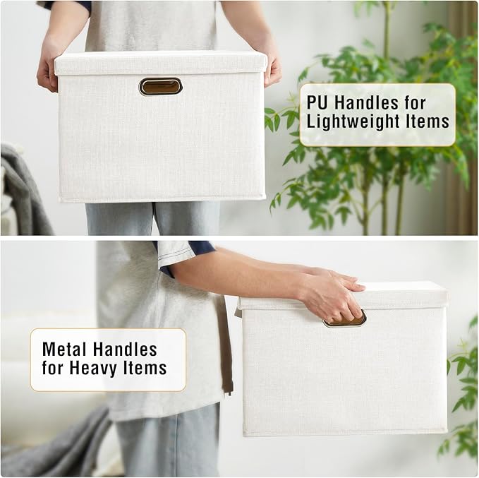 17" Large Collapsible Storage Bins with Lids, Stackable Closet Organizers with PU Handle and Labels, 3-Pack Decorative Fabric Storage Boxes for Home, Bedroom, Closet, Office, Nursery(White)-NeatNest