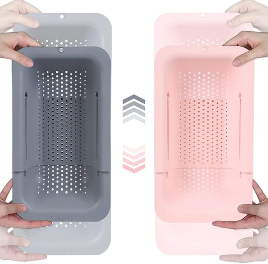 BLUE GINKGO Sink Colander Baskets - (Pack of 2) Wash Vegetables and Fruits, Drain Cooked Pasta and Dry Dishes - Extendable - New Home Kitchen Essentials (Grey & Pink)-NeatNest