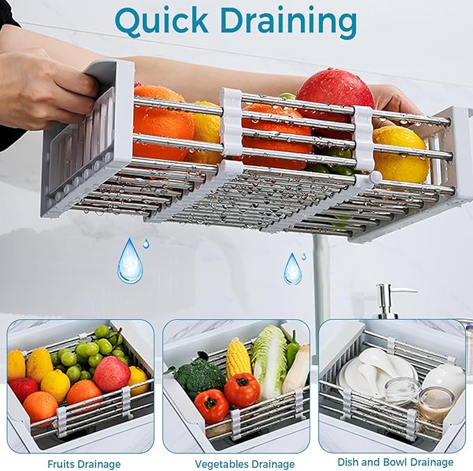 COVRA Over Sink Dish Drying Rack, Stainless Steel Drainer for 11"-19" Sinks, Kitchen Countertop Organizer for Dishes, Vegetables, and Fruits (Black)-NeatNest