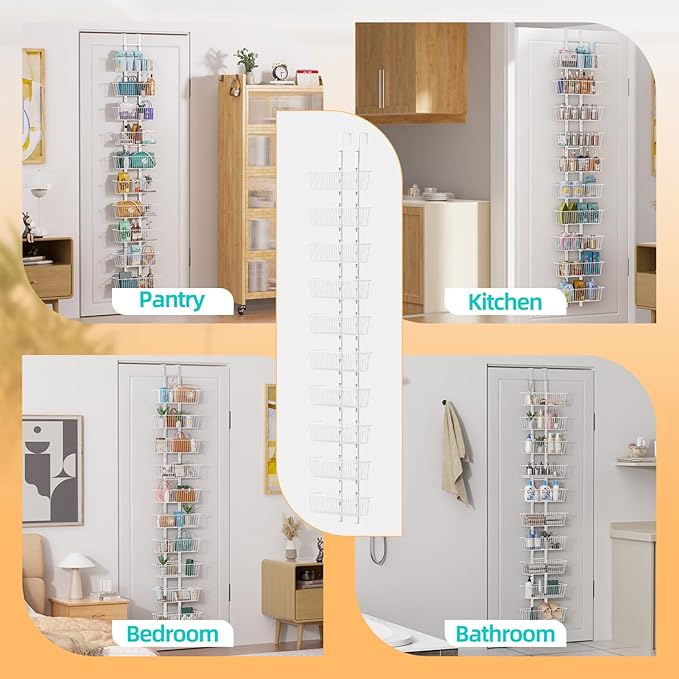 10-Tier Over the Door Pantry Organizer with Baskets Metal Over the Door Hanging Spice Rack, Over Door Organizer and Storage, Spice Rack Door Hanger Organizer for Home & Kitchen Laundry Bathroom, White