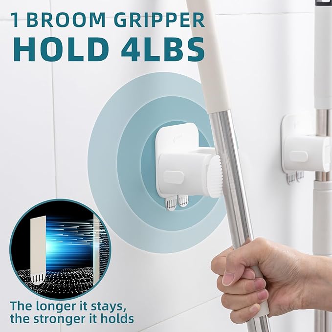 TAILI Mop and Broom Holder Wall Mount Grippers, 3 Hangers and 8 Adhesive Strips, Damage Free Hanging Wall Mount, Household Cleaning Organizer for Organization and Storage, Holds up to 4 lbs, White-NeatNest