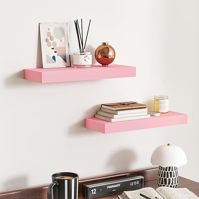 BAMEOS Pink Floating Shelves for Wall, 16" x 6" Wall Shelves for Room, Floating Book Shelves, Hanging Shelves for Bedroom, Bedroom, Living Room, Kitchen (Set of 2)-NeatNest