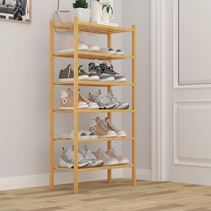 6-Tier Bamboo Small Shoe Rack, Free Standing Wood Shoe Shelf Storage Organizer for Closet Entryway Stackable (Natural)-NeatNest