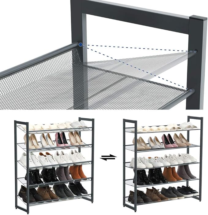 SONGMICS Shoe Rack, 5-Tier Shoe Organizer, Metal Shoe Storage for Garage, Stackable Shoe Shelf, with Adjustable Flat or Angled Shelves, 20-25 Pairs, Charcoal Gray ULMR05GB-NeatNest